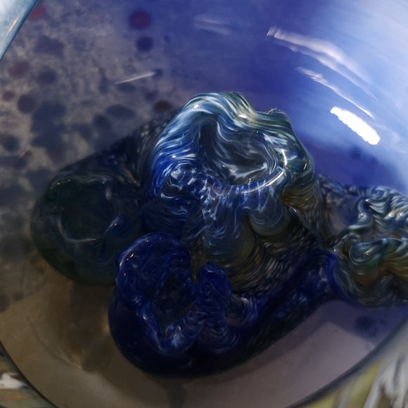 Unique Hand-blown & Artist Signed Art Glass Vessel "Bowl" Gold Blue White Lovely - Picture 8 of 10